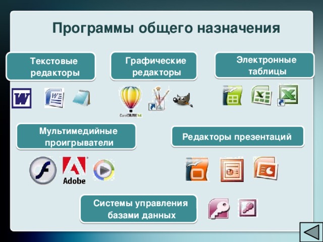 Программы общего назначения Графические редакторы Текстовые Электронные  редакторы таблицы Мультимедийные проигрыватели Редакторы презентаций Системы управления базами данных 