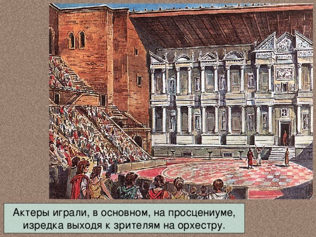 Актеры играли, в основном, на просцениуме, изредка выходя к зрителям на орхестру. 