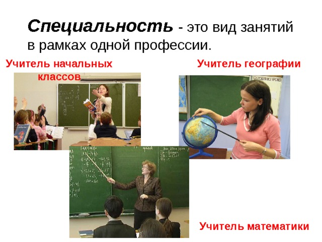 Специальность  - это вид занятий в рамках одной профессии. Учитель начальных классов Учитель географии Учитель математики 