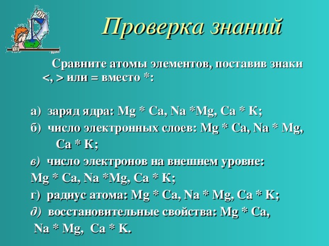 Проверка знаний  Сравните атомы элементов, поставив знаки  или = вместо *:  а) заряд ядра: Mg * Ca , Na * Mg , Ca * К; б) число электронных слоев: Mg * Ca , Na * Mg ,  Ca * К; в) число электронов на внешнем уровне: Mg * Ca , Na * Mg , Ca * К; г) радиус атома: Mg * Ca , Na * Mg , Ca * K ; д) восстановительные свойства: Mg * Ca ,  Na * Mg , Ca * K .  