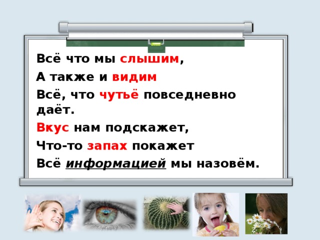 Всё что мы слышим , А также и видим Всё, что чутьё повседневно даёт. Вкус нам подскажет, Что-то запах покажет Всё информацией мы назовём.