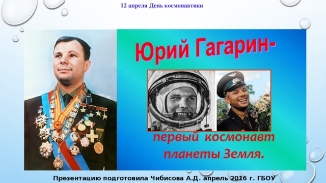 12 апреля День космонавтики Презентацию подготовила Чибисова А.Д. апрель 2016 г. ГБОУ Школа №-1133 