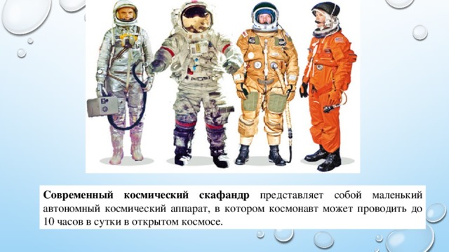 Современный космический скафандр представляет собой маленький автономный космический аппарат, в котором космонавт может проводить до 10 часов в сутки в открытом космосе. 