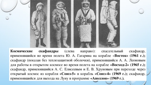Космические скафандры (слева направо): спасательный скафандр, применявшийся во время полета Ю. А. Гагарина на корабле « Восток» (1961 г.); скафандр (показан без теплозащитной оболочки), применявшийся А. А. Леоновым для работы в открытом космосе во время полета на корабле «Восход-2» (1965 г.); скафандр, применявшийся А. С. Елисеевым и Е. В. Хруновым при переходе через открытый космос из корабля «Союз-5» в корабль «Союз-4» (1969 г.); скафандр, применявшийся для выхода на Луну в программе «Аполлон» (1969 г.). 