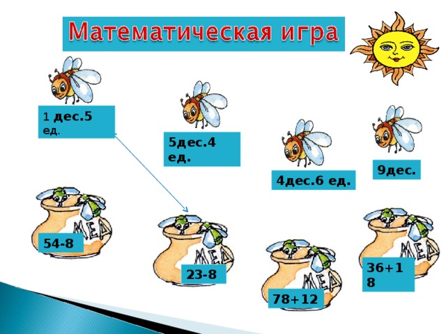 1 дес.5 ед. 5дес.4 ед. 9дес. 4дес.6 ед. 54-8 36+18 23-8 78+12 