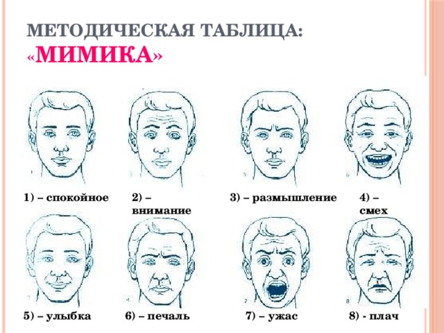 Методическая таблица: « МИМИКА» 1)  – спокойное 2) – внимание 3) – размышление 4) – смех 7) – ужас 5) – улыбка 6) – печаль 8) - плач 
