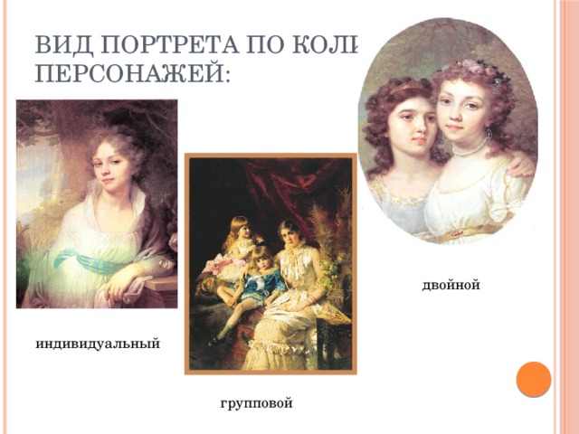 Вид портрета по количеству персонажей: двойной индивидуальный групповой 