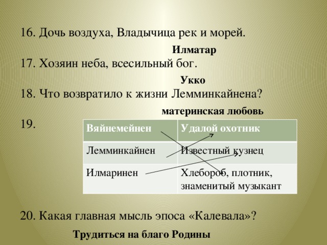 16. Дочь воздуха, Владычица рек и морей. 17. Хозяин неба, всесильный бог. 18. Что возвратило к жизни Лемминкайнена? 19. 20. Какая главная мысль эпоса «Калевала»?  Илматар  Укко  материнская любовь Вяйнемейнен Лемминкайнен Удалой охотник Илмаринен Известный кузнец Хлебороб, плотник, знаменитый музыкант  материнская любовь  Трудиться на благо Родины 