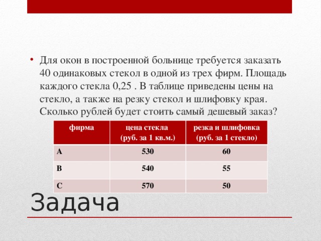Для окон в построенной больнице требуется заказать 40 одинаковых стекол в одной из трех фирм. Площадь каждого стекла 0,25 . В таблице приведены цены на стекло, а также на резку стекол и шлифовку края. Сколько рублей будет стоить самый дешевый заказ?