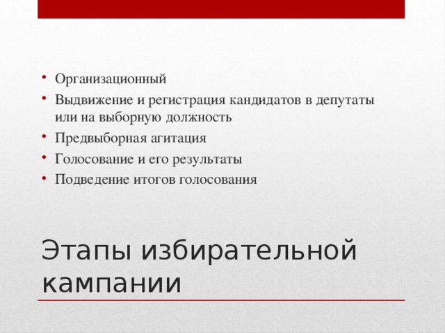 Организационный Выдвижение и регистрация кандидатов в депутаты или на выборную должность Предвыборная агитация Голосование и его результаты Подведение итогов голосования