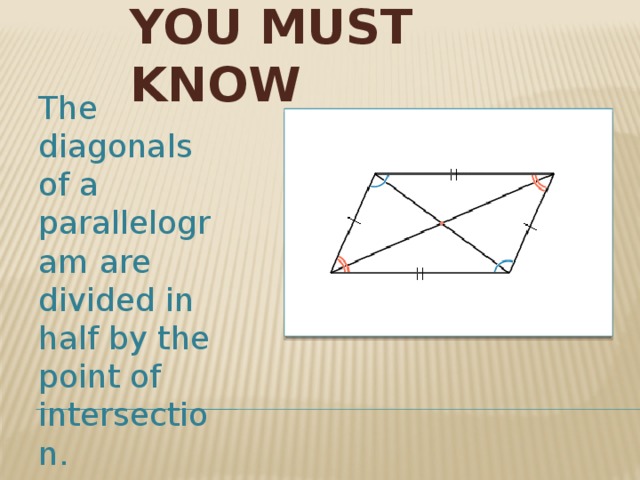 You must know The diagonals of a parallelogram are divided in half by the point of intersection. 