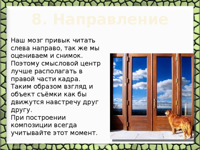 8. Направление   Наш мозг привык читать слева направо, так же мы оцениваем и снимок. Поэтому смысловой центр лучше располагать в правой части кадра. Таким образом взгляд и объект съёмки как бы движутся навстречу друг другу.  При построении композиции всегда учитывайте этот момент. 