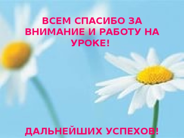 ВСЕМ СПАСИБО ЗА ВНИМАНИЕ И РАБОТУ НА УРОКЕ!         ДАЛЬНЕЙШИХ УСПЕХОВ! 