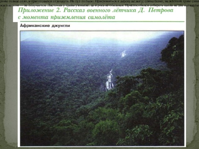 А тут и солнце к закату. Шестой час. На экваторе ночь наступает обвалом. Надо приготовиться. На горушке нашёл дерево, чтобы спиной прислониться, примял траву, запомнил, с какой стороны солнце село, и приготовился отдохнуть. Не тут-то было. Прислониться к дереву не могу: спина болит, на жёсткой траве саванны и того хуже. Наступила ночь. Взошла луна. Она там огромная. Как-то веселее стало. Всё не в темноте. Час проходит, второй, и вдруг чувствую: роса. Но как её собрать? В ладонь? Пока до рта донесёшь, её и след пропал. Пытаюсь собрать капли росы платком — не получается. Листочки у травы узенькие, да и роса не обильная. Приспособился собирать капли на два вытянутых пальца. И пока более-менее язык намочил, наступило утро. 