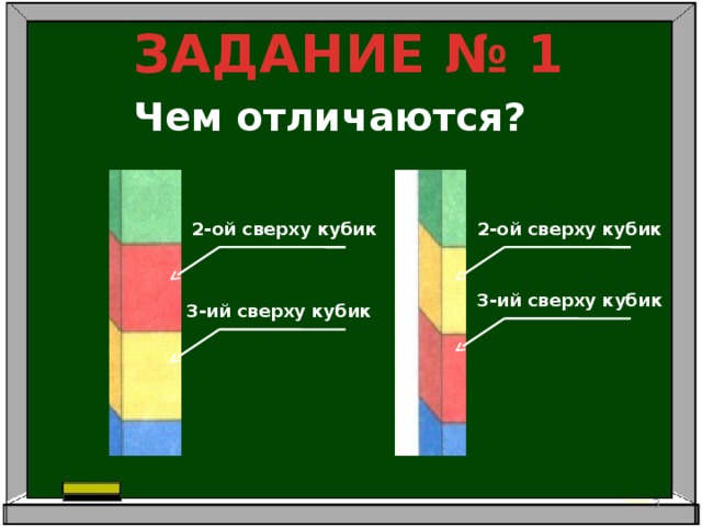 ЗАДАНИЕ № 1 Чем отличаются? 2-ой сверху кубик 2-ой сверху кубик 3-ий сверху кубик 3-ий сверху кубик  