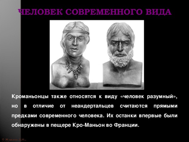 ЧЕЛОВЕК СОВРЕМЕННОГО ВИДА Кроманьонцы также относятся к виду «человек разумный», но в отличие от неандертальцев считаются прямыми предками современного человека. Их останки впервые были обнаружены в пещере Кро-Маньон во Франции. © Жадаев Д.Н., 2005 