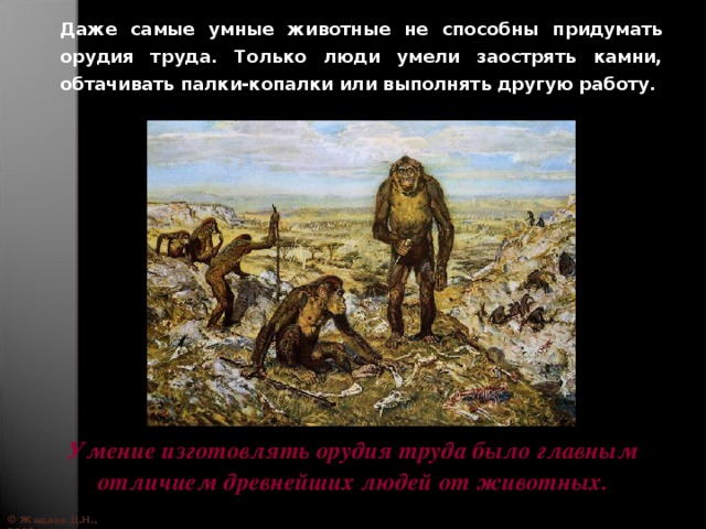 Даже самые умные животные не способны придумать орудия труда. Только люди умели заострять камни, обтачивать палки-копалки или выполнять другую работу. Умение изготовлять орудия труда было главным отличием древнейших людей от животных. © Жадаев Д.Н., 2005 