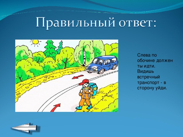 Слева по обочине должен ты идти.  Видишь встречный транспорт - в сторону уйди. 