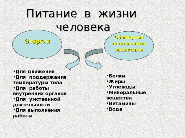 Питание в жизни человека Энергия  Обогащение  питательными веществами  Для движения Для поддержания температуры тела Для работы внутренних органов Для умственной деятельности Для выполнения работы Белки Жиры Углеводы Минеральные вещества Витамины Вода  