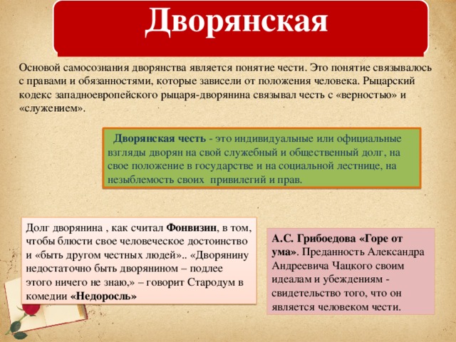 Дворянская   Основой самосознания дворянства является понятие чести. Это понятие связывалось с правами и обязанностями, которые зависели от положения человека. Рыцарский кодекс западноевропейского рыцаря-дворянина связывал честь с «верностью» и «служением».    Дворянская честь - это индивидуальные или официальные взгляды дворян на свой служебный и общественный долг, на свое положение в государстве и на социальной лестнице, на незыблемость своих  привилегий и прав. Долг дворянина , как считал Фонвизин , в том, чтобы блюсти свое человеческое достоинство и «быть другом честных людей».. «Дворянину недостаточно быть дворянином – подлее этого ничего не знаю,» – говорит Стародум в комедии «Недоросль» А.С. Грибоедова «Горе от ума» . Преданность Александра Андреевича Чацкого своим идеалам и убеждениям - свидетельство того, что он является человеком чести. 
