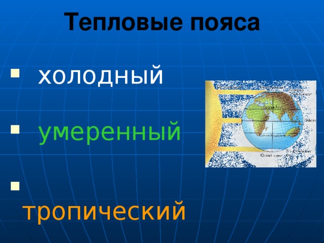 Тепловые пояса  холодный  умеренный  тропический Климат зависит от распределения тепла на Земле. Зона экватора получает наибольшее количество прямых солнечных лучей, поэтому по обе стороны от экватора находится тропический пояс. На северный и южный полюса попадает наименьшее количество солнечного тепла, здесь расположены холодные пояса. Между ними находится умеренный пояс.  