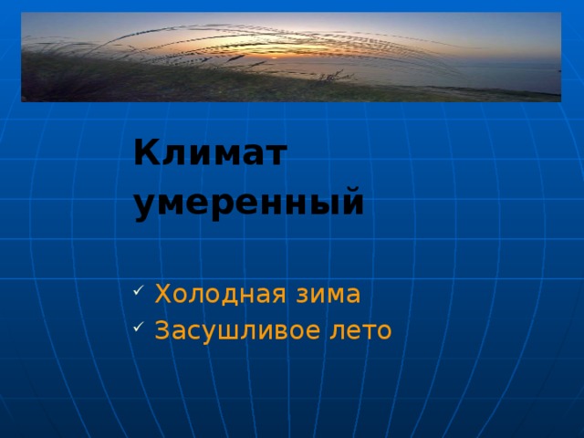 Климат умеренный  Холодная зима Засушливое лето Однако в степи нет деревьев, только травы. Летом вода после дождя быстро испаряется и растения не успевают вдоволь напиться. Поэтому в степи выживают только те растения, которые способны лучше сохранять влагу, переносить и летнюю засуху и зимний холод. 14 