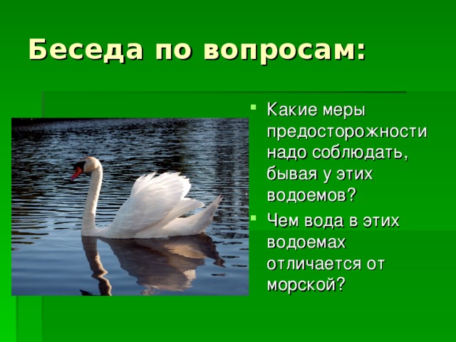 Какие меры предосторожности надо соблюдать, бывая у этих водоемов? Чем вода в этих водоемах отличается от морской?