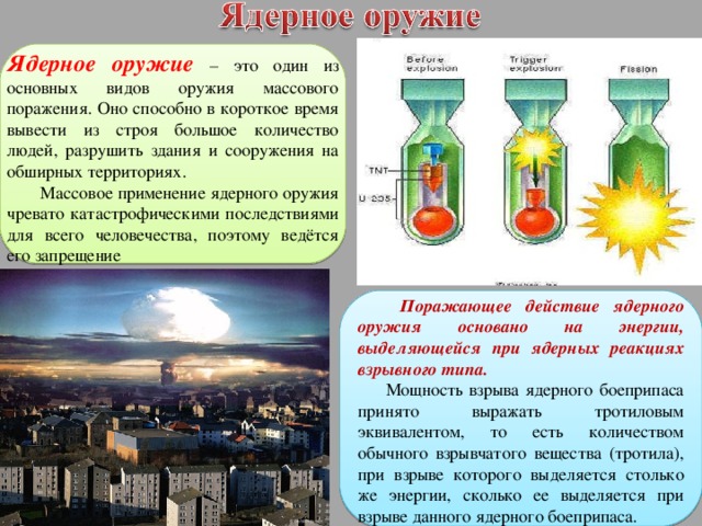Ядерное оружие  – это один из основных видов оружия массового поражения. Оно способно в короткое время вывести из строя большое количество людей, разрушить здания и сооружения на обширных территориях.  Массовое применение ядерного оружия чревато катастрофическими последствиями для всего человечества, поэтому ведётся его запрещение  Поражающее действие ядерного оружия основано на энергии, выделяющейся при ядерных реакциях взрывного типа. Мощность взрыва ядерного боеприпаса принято выражать тротиловым эквивалентом, то есть количеством обычного взрывчатого вещества (тротила), при взрыве которого выделяется столько же энергии, сколько ее выделяется при взрыве данного ядерного боеприпаса. 