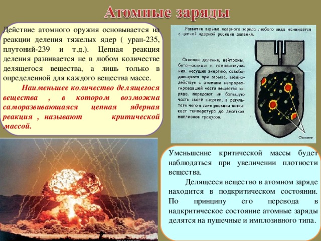 Действие атомного оружия основывается на реакции деления тяжелых ядер ( уран-235, плутоний-239 и т.д.). Цепная реакция деления развивается не в любом количестве делящегося вещества, а лишь только в определенной для каждого вещества массе.  Наименьшее количество делящегося вещества , в котором возможна саморазвивающаяся цепная ядерная реакция , называют критической массой. Уменьшение критической массы будет наблюдаться при увеличении плотности вещества.  Делящееся вещество в атомном заряде находится в подкритическом состоянии. По принципу его перевода в надкритическое состояние атомные заряды делятся на пушечные и имплозивного типа.  