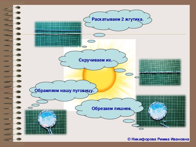 Раскатываем 2 жгутика . Скручиваем их . Обрамляем нашу пуговицу. Обрезаем лишнее . ©  Никифорова Римма Ивановна