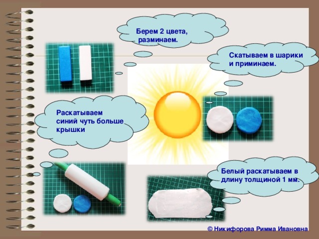 Берем 2 цвета,  разминаем. Скатываем в шарики и приминаем. Раскатываем синий чуть больше крышки Белый раскатываем в длину толщиной 1 мм. ©  Никифорова Римма Ивановна