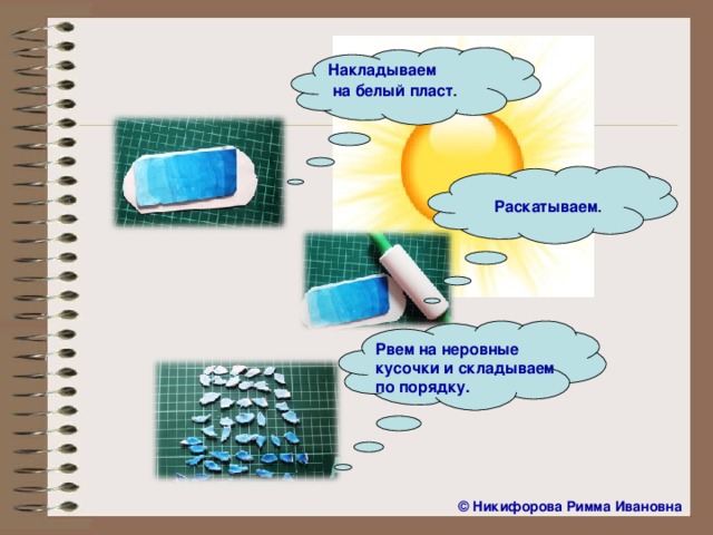 Накладываем  на белый пласт . Раскатываем . Рвем на неровные кусочки и складываем по порядку. ©  Никифорова Римма Ивановна
