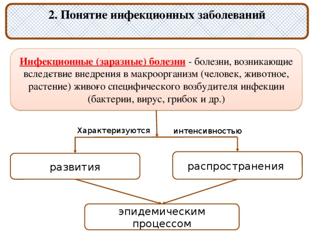 2. Понятие инфекционных заболеваний Инфекционные (заразные) болезни  - болезни, возникающие вслед­ствие внедрения в макроорганизм (человек, животное, растение) живо­го специфического возбудителя инфекции (бактерии, вирус, грибок и др.) Характеризуются интенсивностью распространения раз­вития эпидемическим процессом 