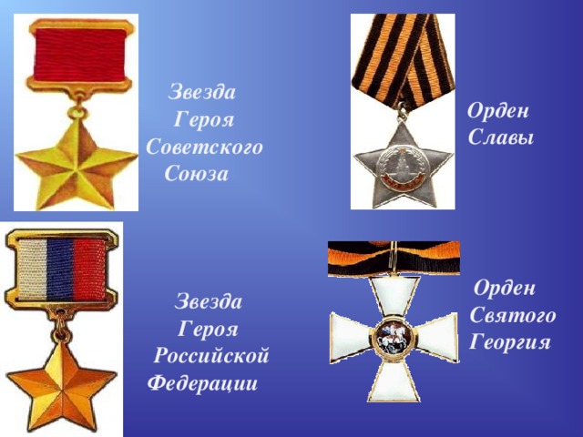Звезда Героя Советского Союза Орден  Славы Орден  Святого Георгия Звезда Героя Российской Федерации 