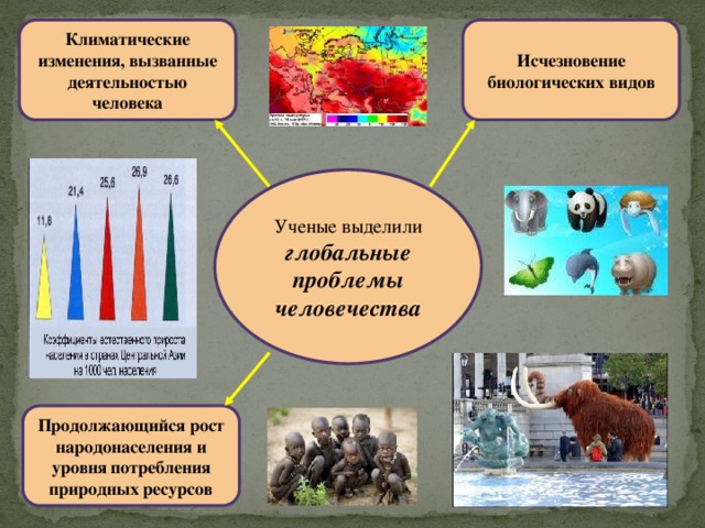 Исчезновение биологических видов Климатические изменения, вызванные деятельностью человека Ученые выделили глобальные проблемы человечества Продолжающийся рост народонаселения и уровня потребления природных ресурсов  