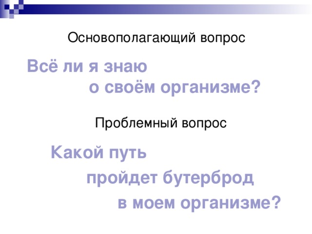 Основополагающий вопрос Всё ли я знаю   о своём организме? Проблемный вопрос   Какой путь      пройдет бутерброд         в моем организме?  