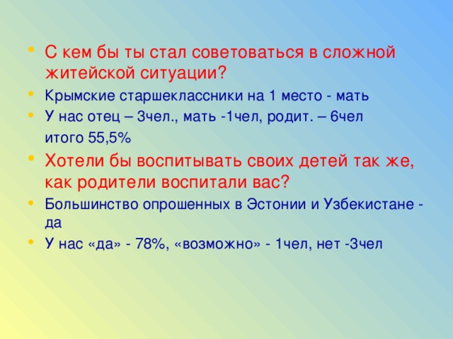 С кем бы ты стал советоваться в сложной житейской ситуации? Крымские старшеклассники на 1 место - мать У нас отец – 3чел., мать -1чел, родит. – 6чел  итого 55,5% Хотели бы воспитывать своих детей так же, как родители воспитали вас? Большинство опрошенных в Эстонии и Узбекистане - да У нас «да» - 78%, «возможно» - 1чел, нет -3чел  