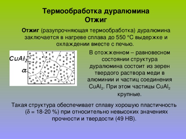 Термообработка дуралюмина Отжиг  Отжиг (разупрочняющая термообработка) дуралюмина заключается в нагреве сплава до 550  С выдержке и охлаждении вместе с печью. В отожженном – равновесном состоянии структура дуралюмина состоит из зерен твердого раствора меди в алюминии и частиц соединения С u Аl 2 . При этом частицы С u Аl 2 крупные. Такая структура обеспечивает сплаву хорошую пластичность (  = 18-20 %) при относительно невысоких значениях прочности и твердости (49 НВ). 