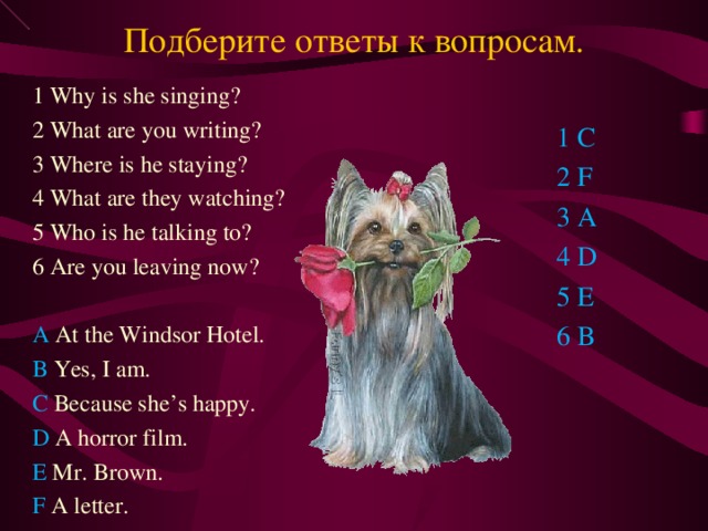 Подберите ответы к вопросам. 1 Why is she singing? 2 What are you writing? 3 Where is he staying? 4 What are they watching? 5 Who is he talking to? 6 Are you leaving now? A At the Windsor Hotel. B Yes, I am. C Because she’s happy. D A horror film. E Mr. Brown. F A letter. 1 C 2 F 3 A 4 D 5 E 6 B 