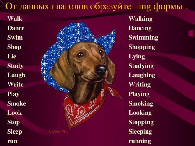 От данных глаголов образуйте – ing формы . Walk Dance Swim Shop Lie Study Laugh Write Play Smoke Look Stop Sleep run  Walking Dancing Swimming Shopping Lying Studying Laughing Writing Playing Smoking Looking Stopping Sleeping running   