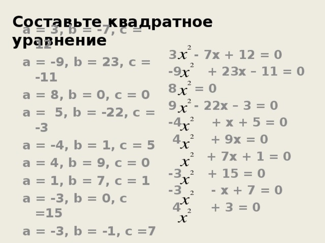 Составьте квадратное уравнение  - 7x + 12 = 0 -9 + 23x – 11 = 0  = 0  - 22x – 3 = 0 -4 + x + 5 = 0  4 + 9x = 0  + 7x + 1 = 0 -3 + 15 = 0 -3 - x + 7 = 0  4 + 3 = 0  a = 3, b = -7, c = 12 a = -9, b = 23, c = -11 a = 8, b = 0, c = 0 a = 5, b = -22, c = -3 a = -4, b = 1, c = 5 a = 4, b = 9, c = 0 a = 1, b = 7, c = 1 a = -3, b = 0, c =15 a = -3, b = -1, c =7 a = 4, b = 0, c = 3 