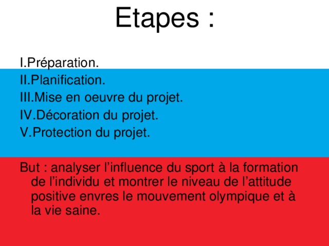 Etapes :   I.Préparation. II.Planification. III.Mise en oeuvre du projet. IV.Décoration du projet. V.Protection du projet. But : analyser l’influence du sport à la formation de l’individu et montrer le niveau de l’attitude positive envres le mouvement olympique et à la vie saine.  