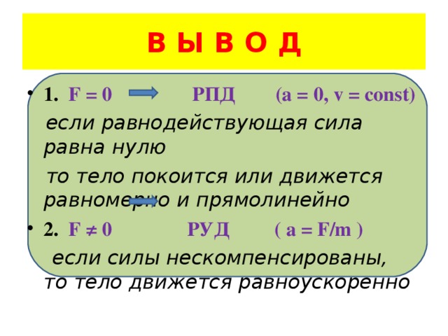 В Ы В О Д 1.  F = 0 РПД (a = 0, v = const)  если равнодействующая сила равна нулю  то тело покоится или движется равномерно и прямолинейно 2. F ≠ 0 РУД ( a = F/m )  если силы нескомпенсированы, то тело движется равноускоренно 