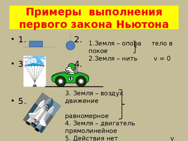 Примеры выполнения первого закона Ньютона 1. 2.  3. 4.   5. 1.Земля – опора тело в покое 2.Земля – нить v = 0 3. Земля – воздух  движение  равномерное 4. Земля – двигатель прямолинейное 5.  Действия нет   v = const 