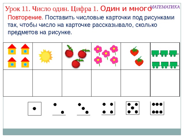 Урок 11. Число один. Цифра 1. Один и много МАТЕМАТИКА Повторение. Поставить числовые карточки под рисунками так, чтобы число на карточке рассказывало, сколько предметов на рисунке. 