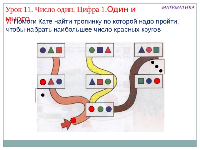 МАТЕМАТИКА Урок 11. Число один. Цифра 1. Один и много 7. Помоги Кате найти тропинку по которой надо пройти, чтобы набрать наибольшее число красных кругов 