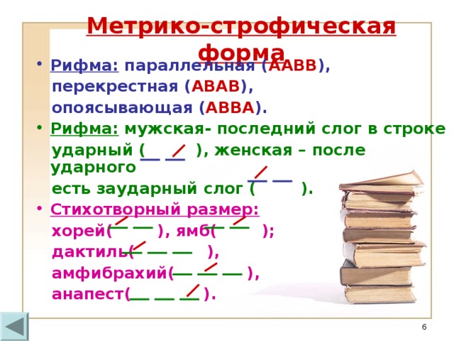 Метрико-строфическая форма Рифма: параллельная ( ААВВ ),  перекрестная ( АВАВ ),  опоясывающая ( АВВА ). Рифма: мужская- последний слог в строке  ударный ( ), женская – после ударного  есть заударный слог ( ). Стихотворный размер:  хорей( ), ямб( );  дактиль( ),  амфибрахий( ),  анапест( ).  