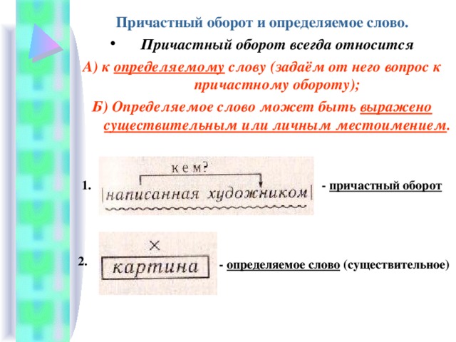 Причастный оборот и определяемое слово. Причастный оборот всегда относится А) к определяемому слову (задаём от него вопрос к причастному обороту); Б) Определяемое слово может быть выражено существительным или личным местоимением .  1.  - причастный оборот 2. - определяемое слово (существительное) 
