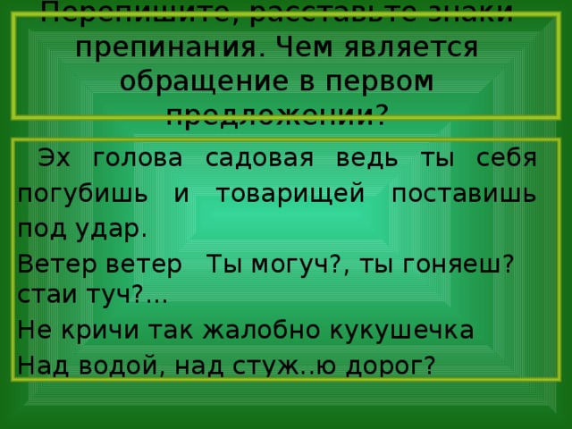 Перепишите, расставьте знаки препинания. Чем является обращение в первом предложении?  Эх голова садовая ведь ты себя погубишь и товарищей поставишь под удар. Ветер ветер Ты могуч?, ты гоняеш? стаи туч?... Не кричи так жалобно кукушечка Над водой, над стуж..ю дорог?