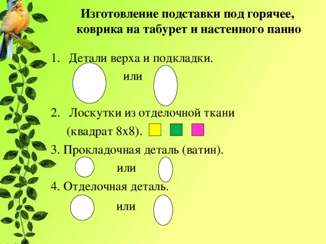Изготовление подставки под горячее,  коврика на табурет и настенного панно Детали верха и подкладки.  или Лоскутки из отделочной ткани  (квадрат 8х8). 3. Прокладочная деталь (ватин).  или 4. Отделочная деталь.  или 